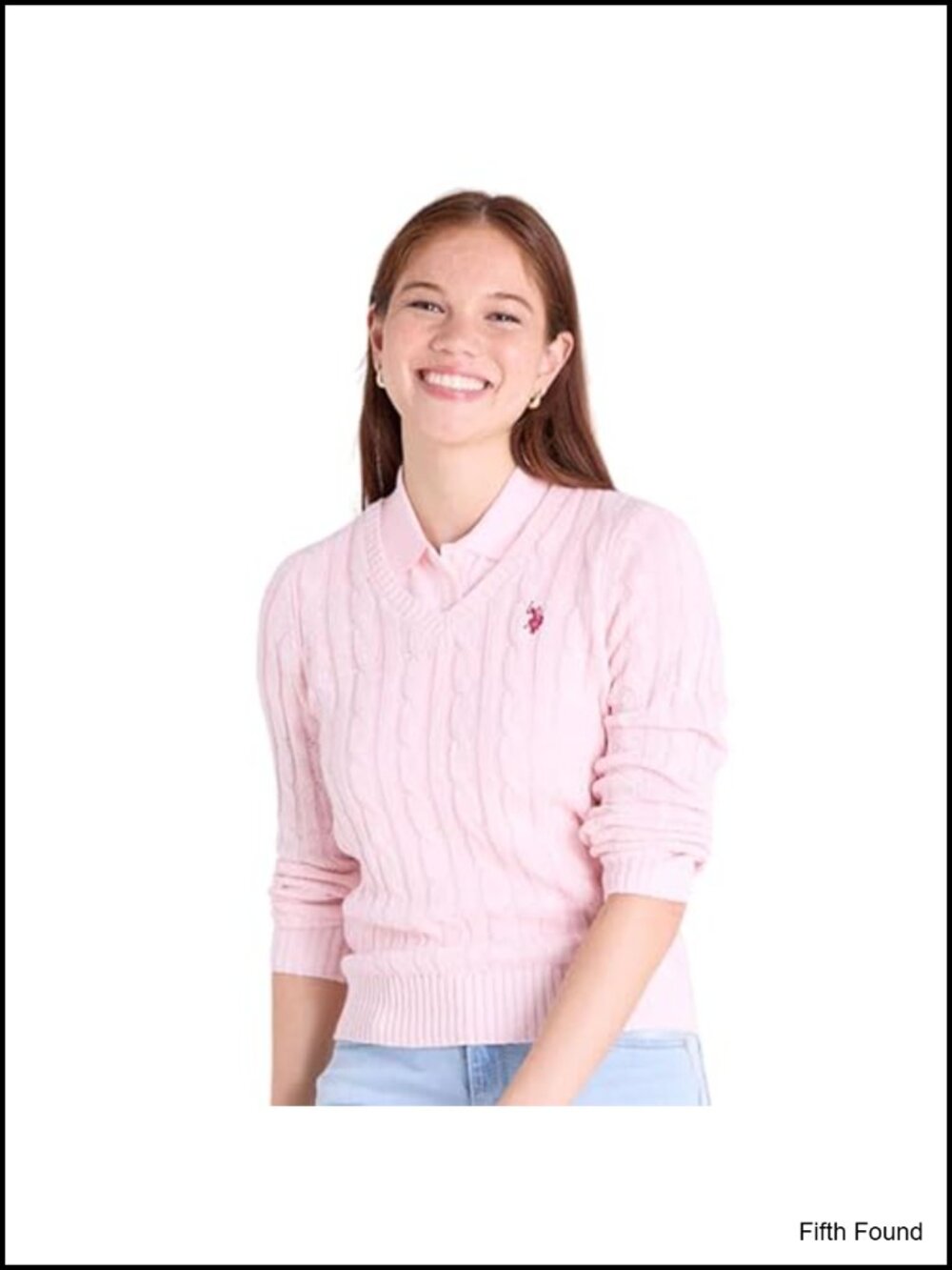 Cable Knit V-Neck Pullover Sweater Embroidered Pony Ribbed Trims